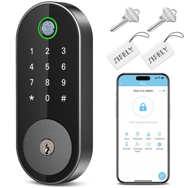 قفل ذكي ببصمة الإصبع بدون مفتاح: قفل ذكي Sifely Smart Lock تلقائي إلكتروني للدخول بدون مفتاح قفل باب رقمي ذكي مع رمز قفل باب ببصمة الإصبع البيومترية مع لوحة مفاتيح (أسود) - Image 1